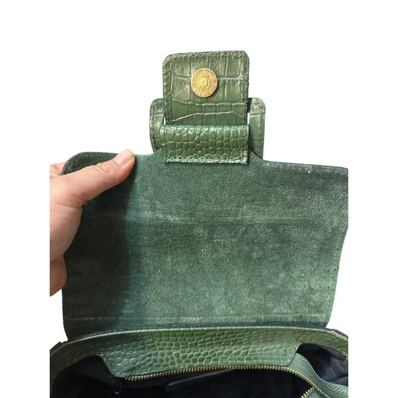Vera Pelle Green Croc-Embossed Genuine Leather Handbag With Top Handle & Gold Ch
